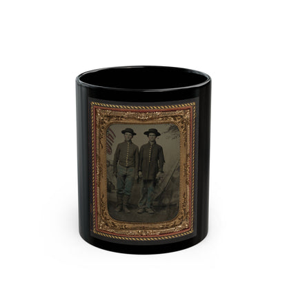 Two Unidentified Young Soldiers In Union Uniforms In Front Of Painted Backdrop Showing Military Camp (U.S. Civil War) Black Coffee Mug-11oz-The Sticker Space