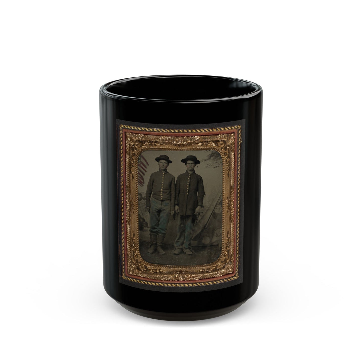 Two Unidentified Young Soldiers In Union Uniforms In Front Of Painted Backdrop Showing Military Camp (U.S. Civil War) Black Coffee Mug-15oz-The Sticker Space