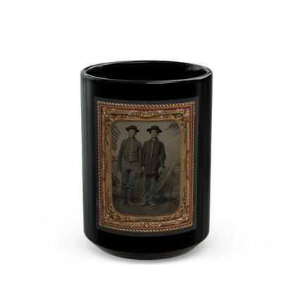 Two Unidentified Young Soldiers In Union Uniforms In Front Of Painted Backdrop Showing Military Camp (U.S. Civil War) Black Coffee Mug-15oz-The Sticker Space