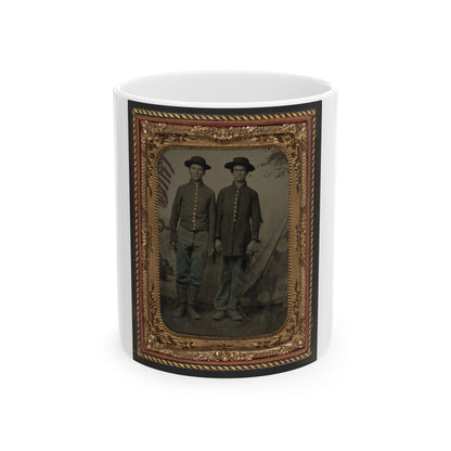 Two Unidentified Young Soldiers In Union Uniforms In Front Of Painted Backdrop Showing Military Camp (U.S. Civil War) White Coffee Mug-11oz-The Sticker Space