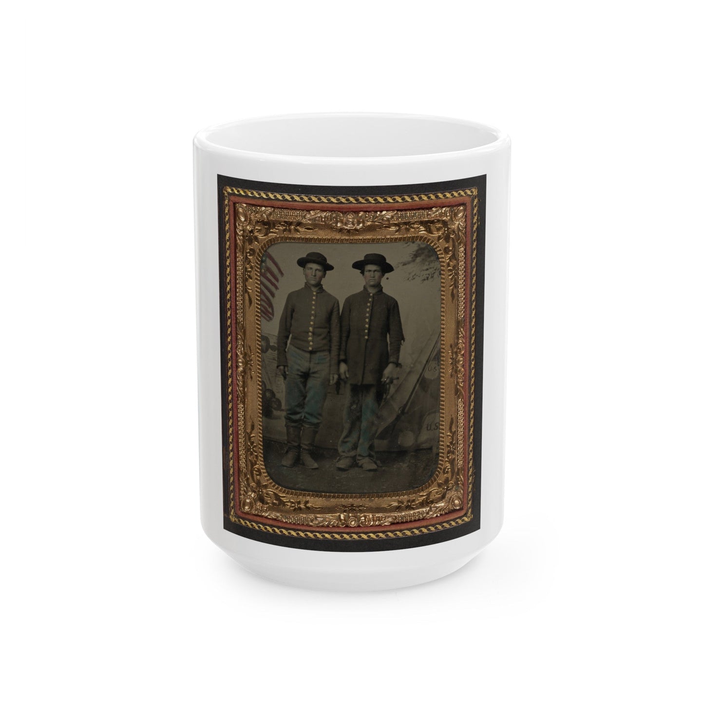 Two Unidentified Young Soldiers In Union Uniforms In Front Of Painted Backdrop Showing Military Camp (U.S. Civil War) White Coffee Mug-15oz-The Sticker Space