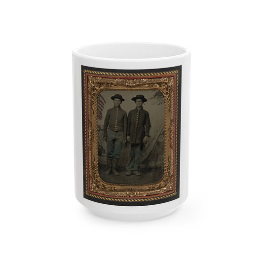 Two Unidentified Young Soldiers In Union Uniforms In Front Of Painted Backdrop Showing Military Camp (U.S. Civil War) White Coffee Mug-15oz-The Sticker Space