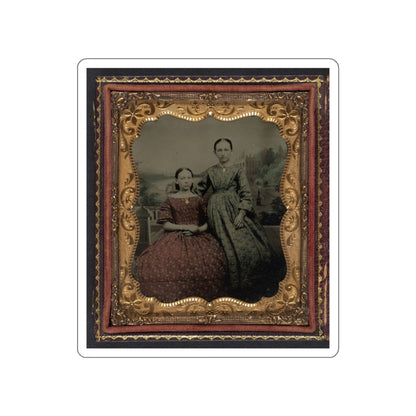 Two Unidentified Young Women Wearing Printed Dresses And Necklaces In Front Of Painted Backdrop Showing Plantation (U.S. Civil War) STICKER Vinyl Die-Cut Decal-White-The Sticker Space