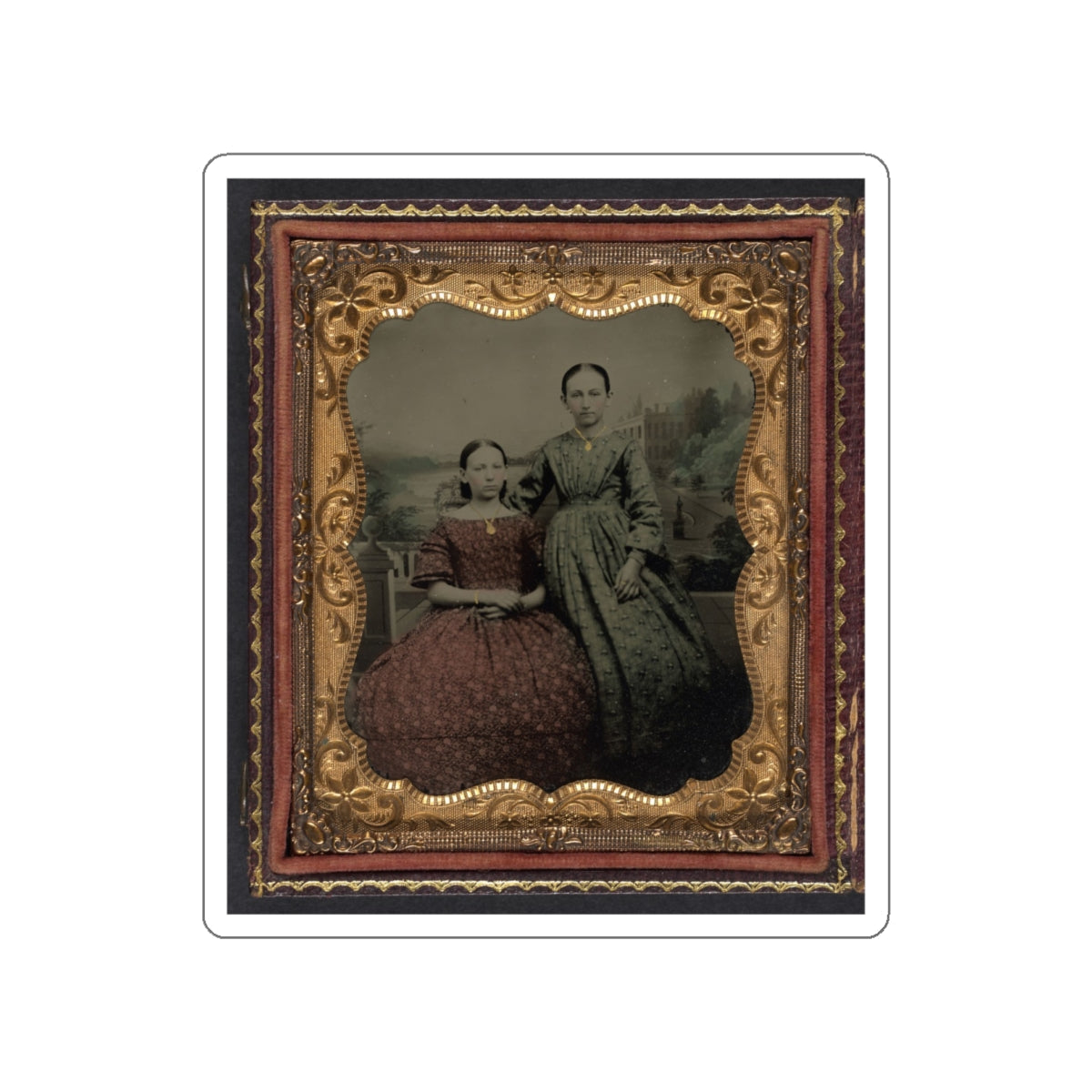 Two Unidentified Young Women Wearing Printed Dresses And Necklaces In Front Of Painted Backdrop Showing Plantation (U.S. Civil War) STICKER Vinyl Die-Cut Decal-White-The Sticker Space