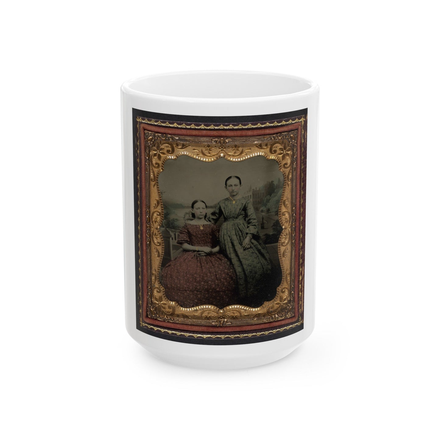 Two Unidentified Young Women Wearing Printed Dresses And Necklaces In Front Of Painted Backdrop Showing Plantation (U.S. Civil War) White Coffee Mug-15oz-The Sticker Space