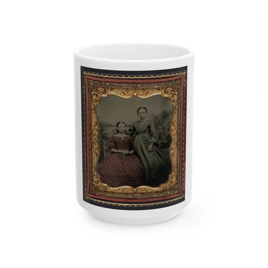 Two Unidentified Young Women Wearing Printed Dresses And Necklaces In Front Of Painted Backdrop Showing Plantation (U.S. Civil War) White Coffee Mug-15oz-The Sticker Space