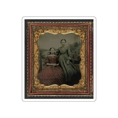 Two Unidentified Young Women Wearing Printed Dresses And Necklaces In Front Of Painted Backdrop Showing Plantation (U.S. Civil War) STICKER Vinyl Die-Cut Decal White Die-Cut 3 Inch - The Sticker Space