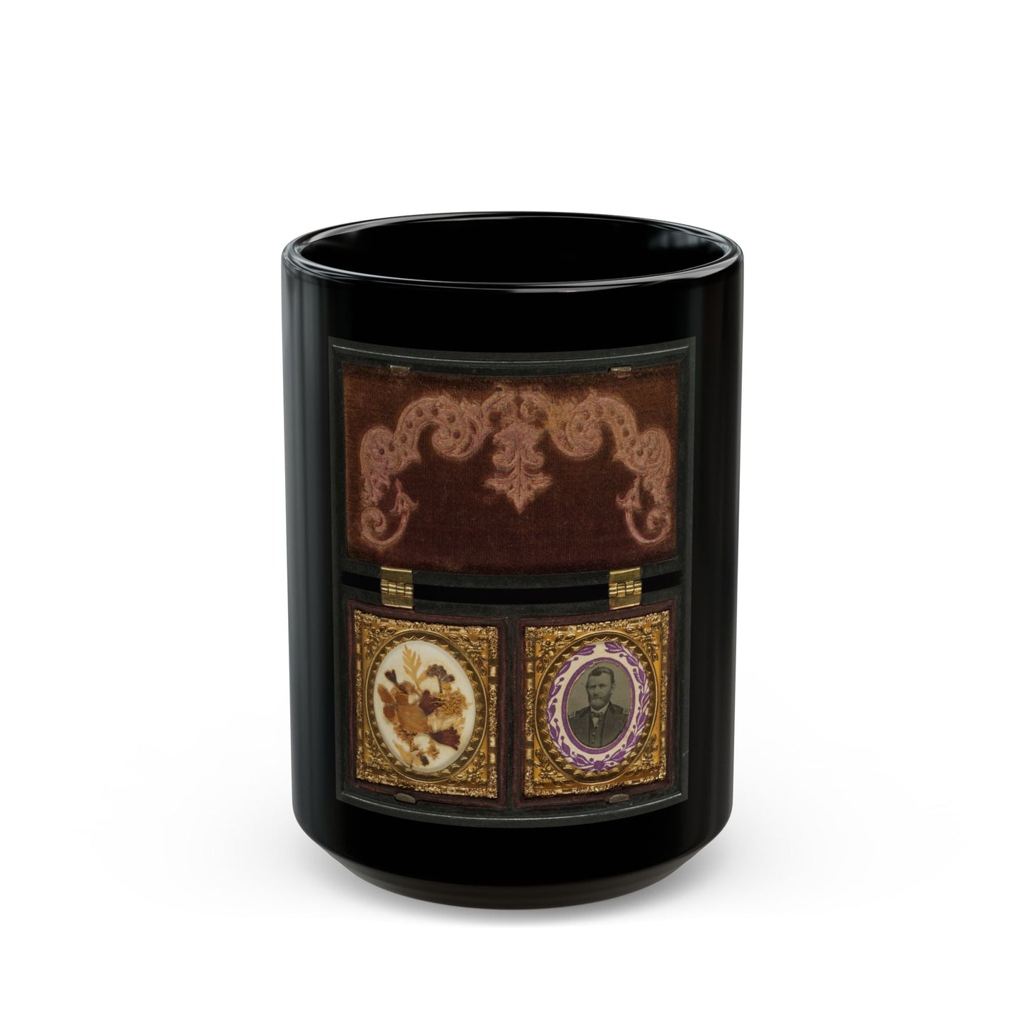 Ulysses S. Grant Of General Staff Regular Army Infantry Regiment; Dried Flowers In Frame On Left (U.S. Civil War) Black Coffee Mug