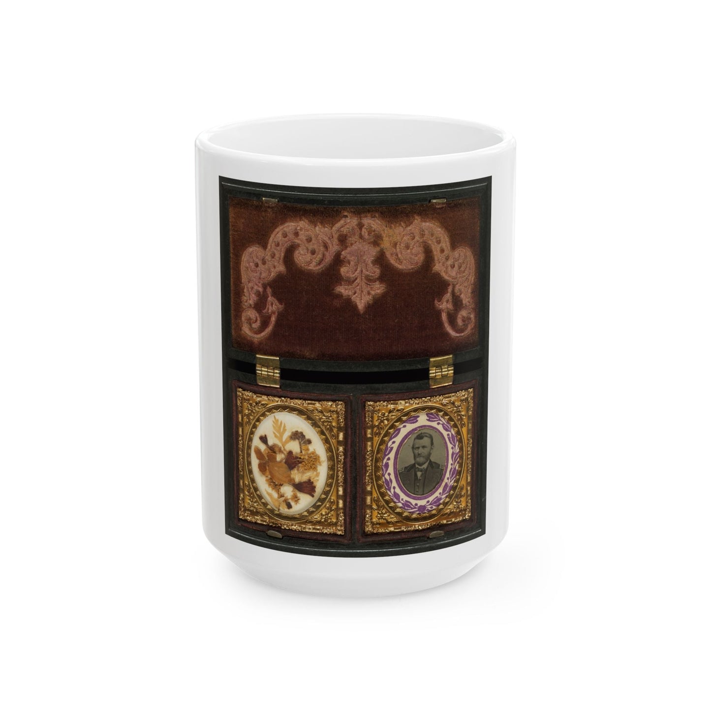 Ulysses S. Grant Of General Staff Regular Army Infantry Regiment; Dried Flowers In Frame On Left (U.S. Civil War) White Coffee Mug