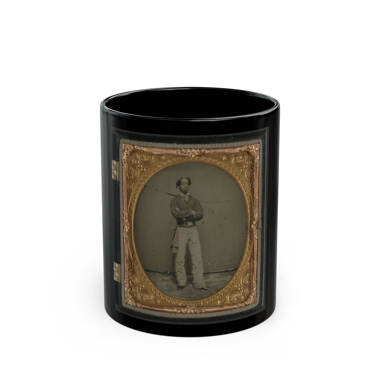 Unidentified African American Soldier In Union Cavalry Uniform With Sword (U.S. Civil War) Black Coffee Mug-11oz-The Sticker Space