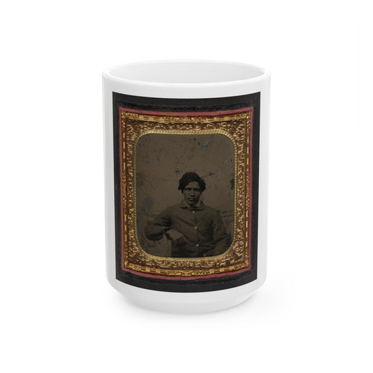 Unidentified African American Soldier In Union Uniform In Front Of Painted Backdrop Showing Landscape (U.S. Civil War) White Coffee Mug-15oz-The Sticker Space