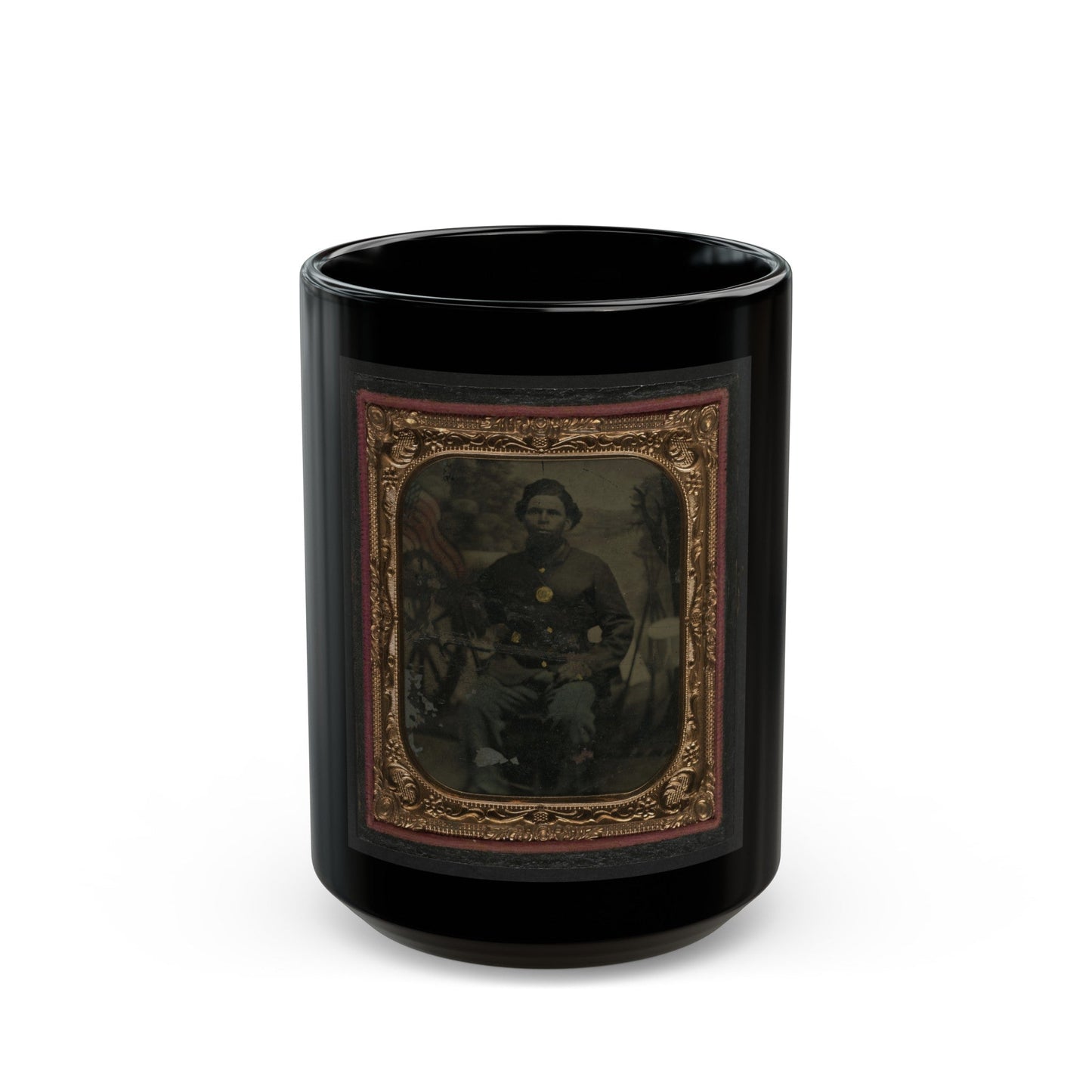 Unidentified African American Soldier In Union Uniform In Front Of Painted Backdrop Showing Military Camp (U.S. Civil War) Black Coffee Mug-15oz-The Sticker Space