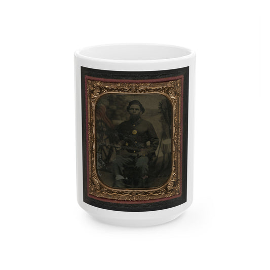 Unidentified African American Soldier In Union Uniform In Front Of Painted Backdrop Showing Military Camp (U.S. Civil War) White Coffee Mug-15oz-The Sticker Space