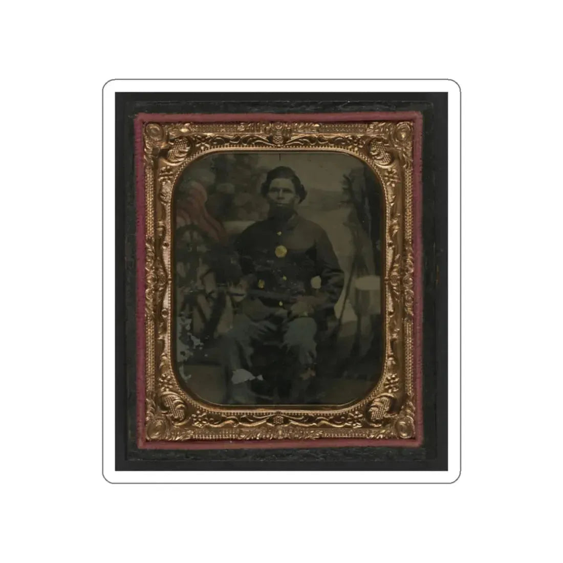 Unidentified African American Soldier In Union Uniform In Front Of Painted Backdrop Showing Military Camp (U.S. Civil War) STICKER Vinyl Die-Cut Decal White Die-Cut 2 Inch - The Sticker Space