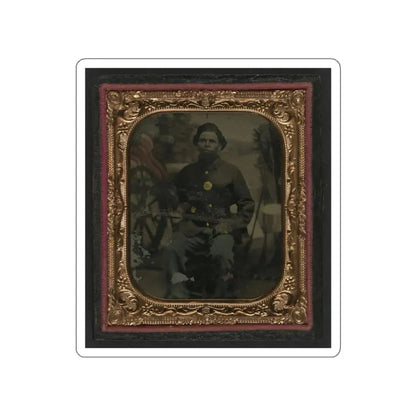 Unidentified African American Soldier In Union Uniform In Front Of Painted Backdrop Showing Military Camp (U.S. Civil War) STICKER Vinyl Die-Cut Decal White Die-Cut 3 Inch - The Sticker Space