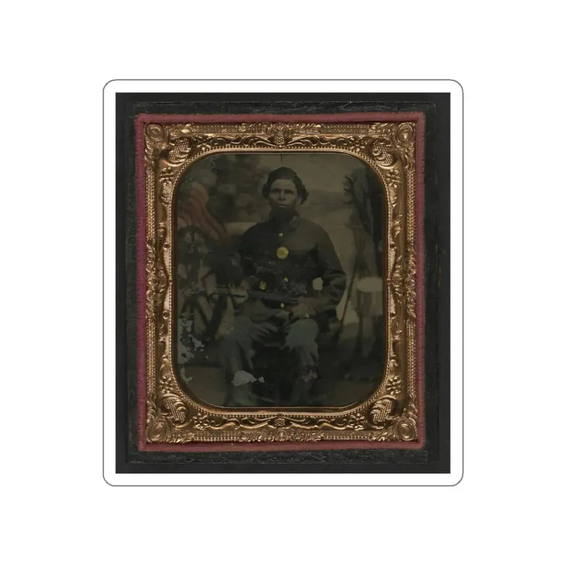 Unidentified African American Soldier In Union Uniform In Front Of Painted Backdrop Showing Military Camp (U.S. Civil War) STICKER Vinyl Die-Cut Decal White Die-Cut 6 Inch - The Sticker Space