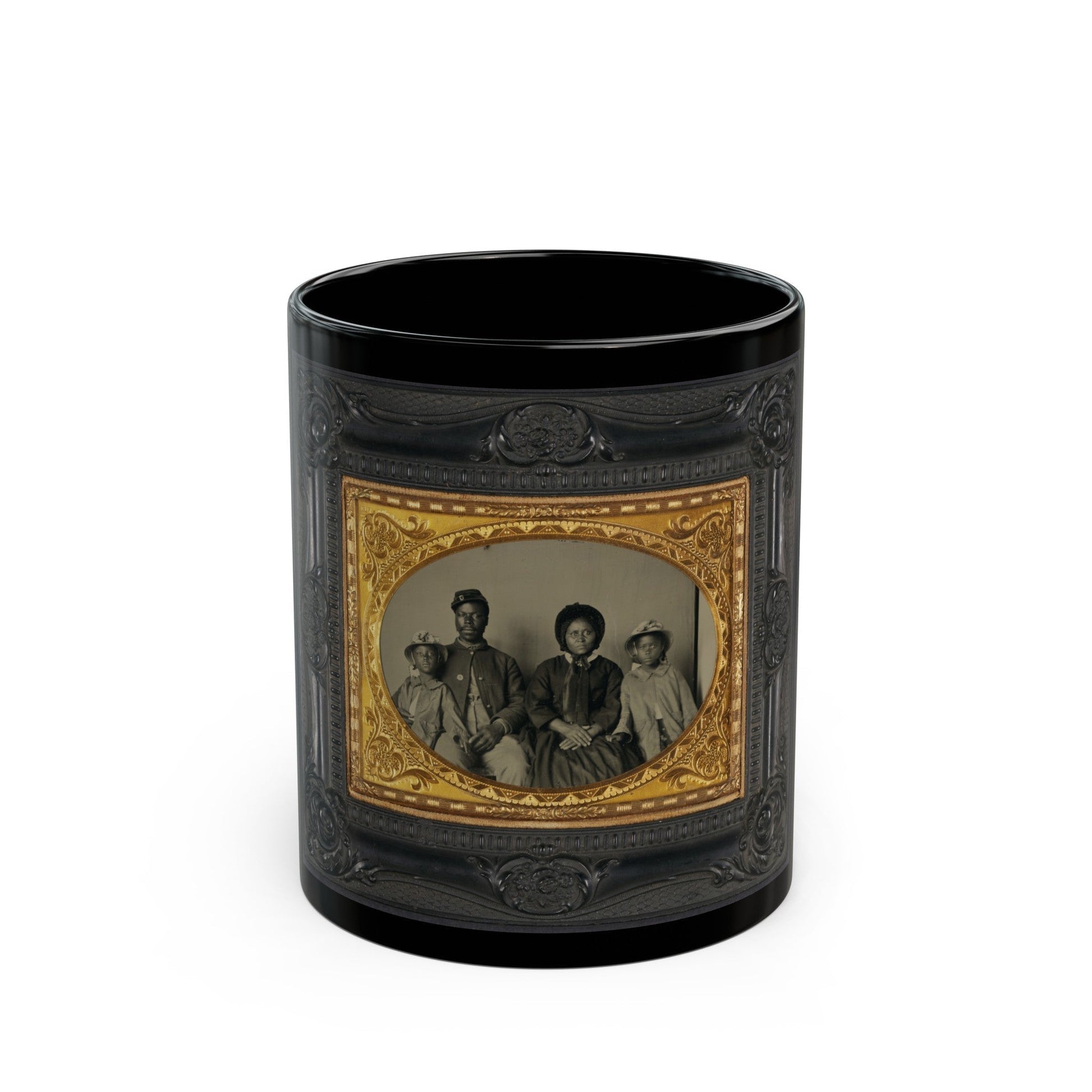 Unidentified African American Soldier In Union Uniform With Wife And Two Daughters (U.S. Civil War) Black Coffee Mug-11oz-The Sticker Space