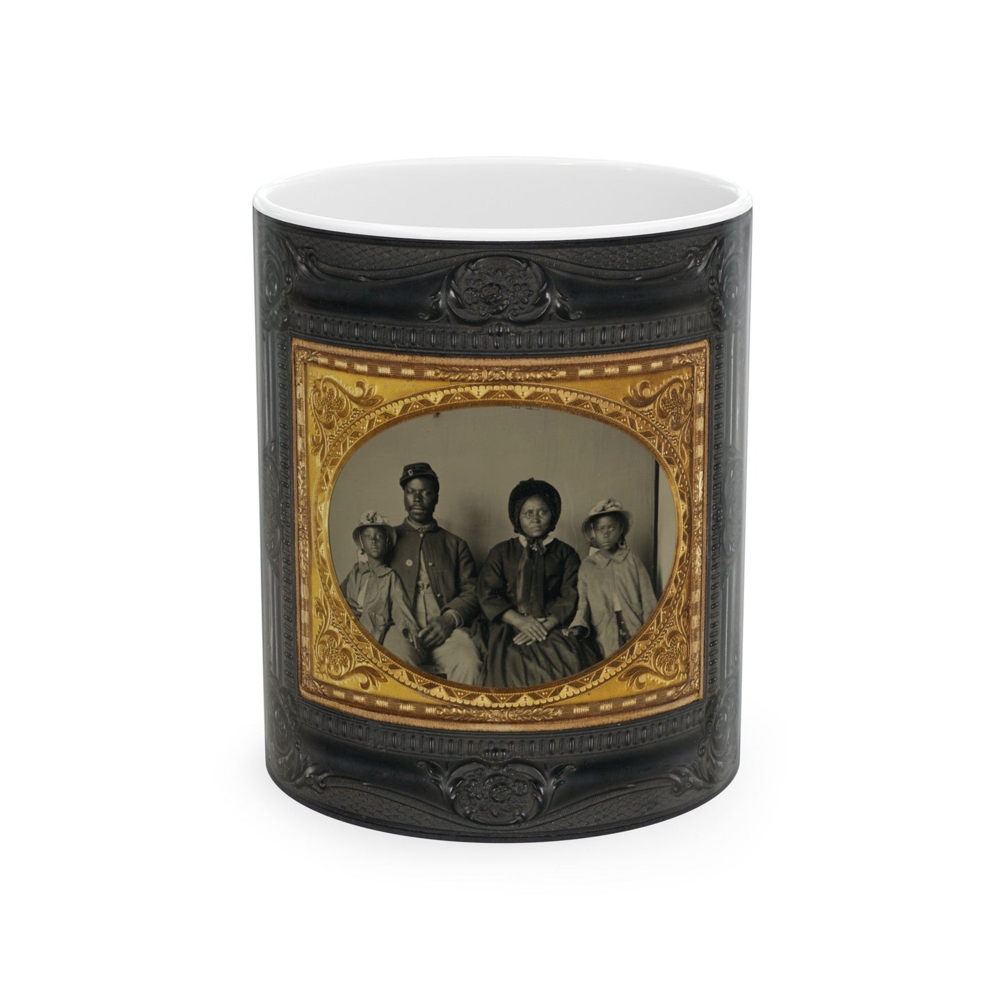 Unidentified African American Soldier In Union Uniform With Wife And Two Daughters (U.S. Civil War) White Coffee Mug-11oz-The Sticker Space