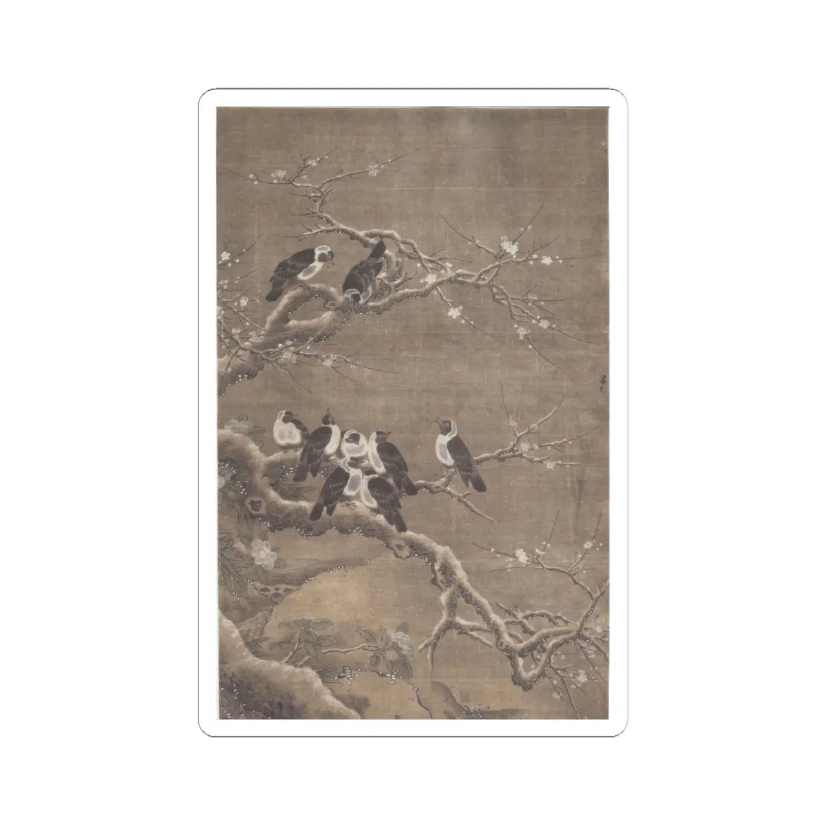 Unidentified artist - Collared Crows on Winter Prunus - unknown - STICKER Vinyl Kiss-Cut Decal