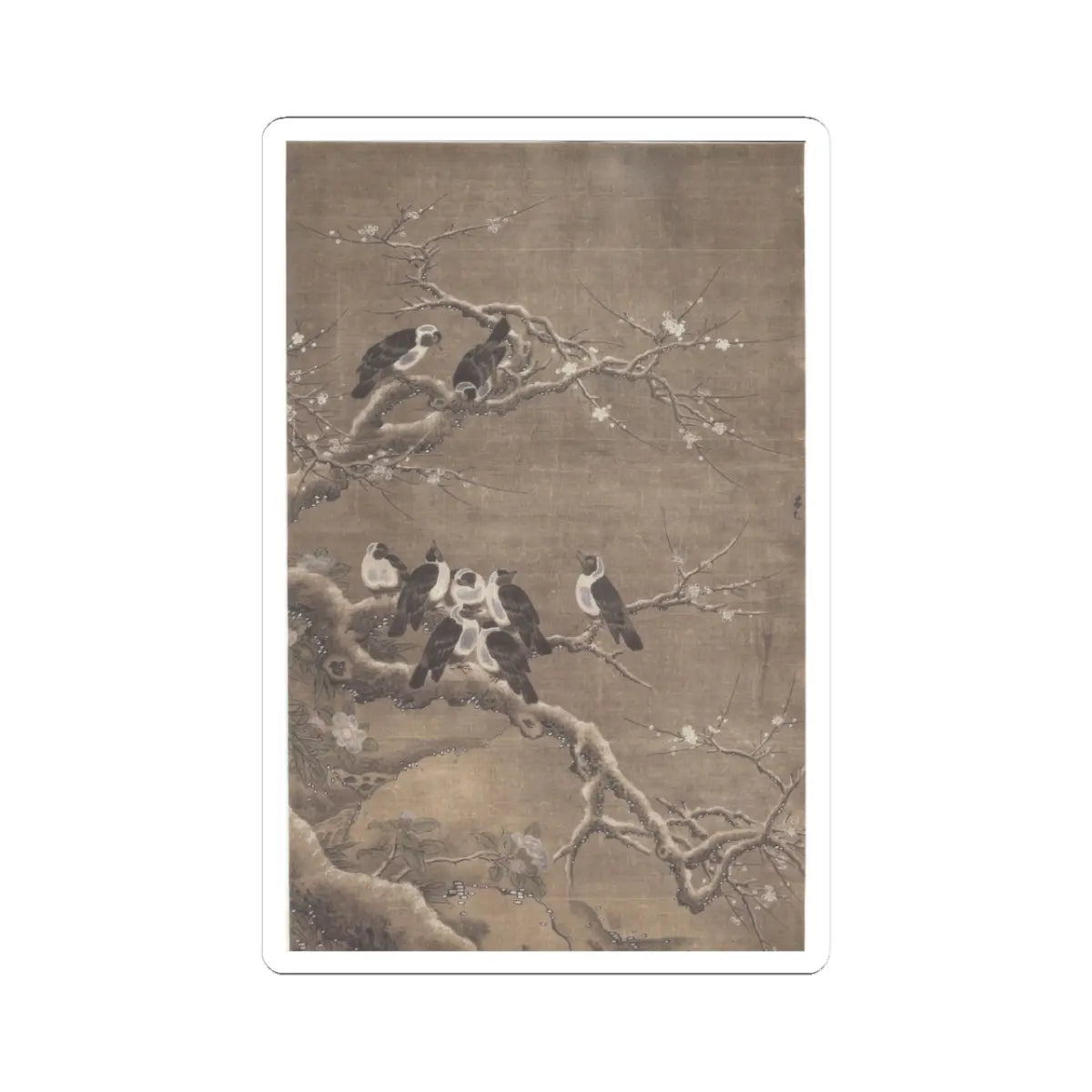 Unidentified artist - Collared Crows on Winter Prunus - unknown - STICKER Vinyl Kiss-Cut Decal