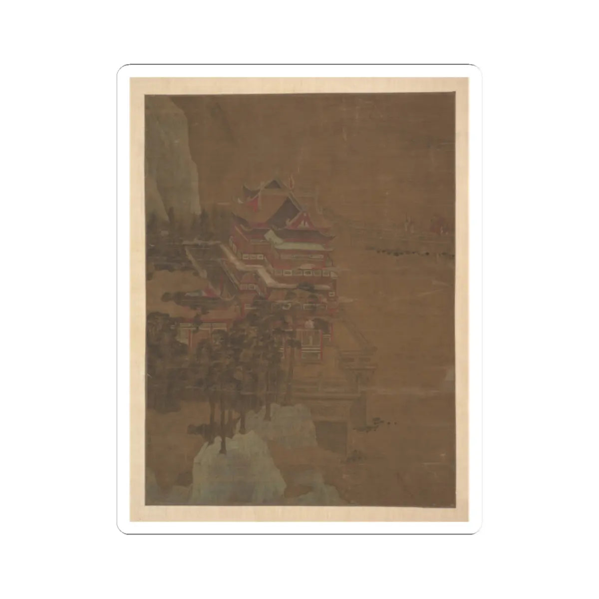 Painting of a red multi-tiered pavilion among pine trees and rocks, with an arched bridge and travellers at right.