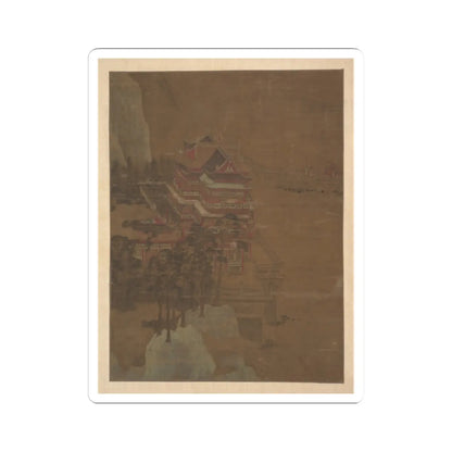 Painting of a red multi-tiered pavilion among pine trees and rocks, with an arched bridge and travellers at right.