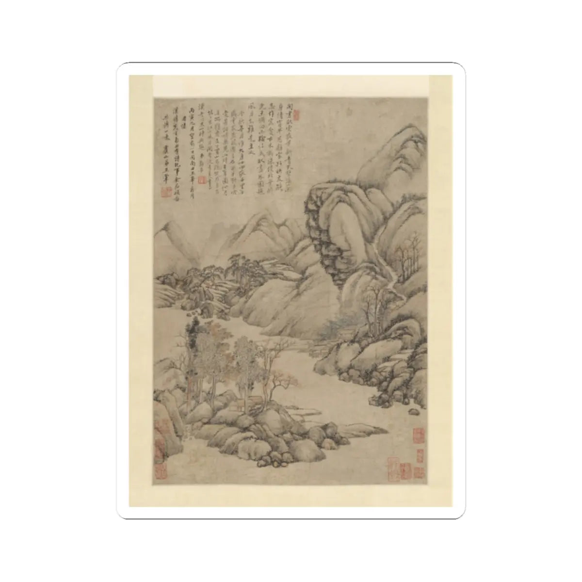 Grey ink wash hanging scroll of craggy mountains and huts among autumn trees, with calligraphy and red seals at top left.