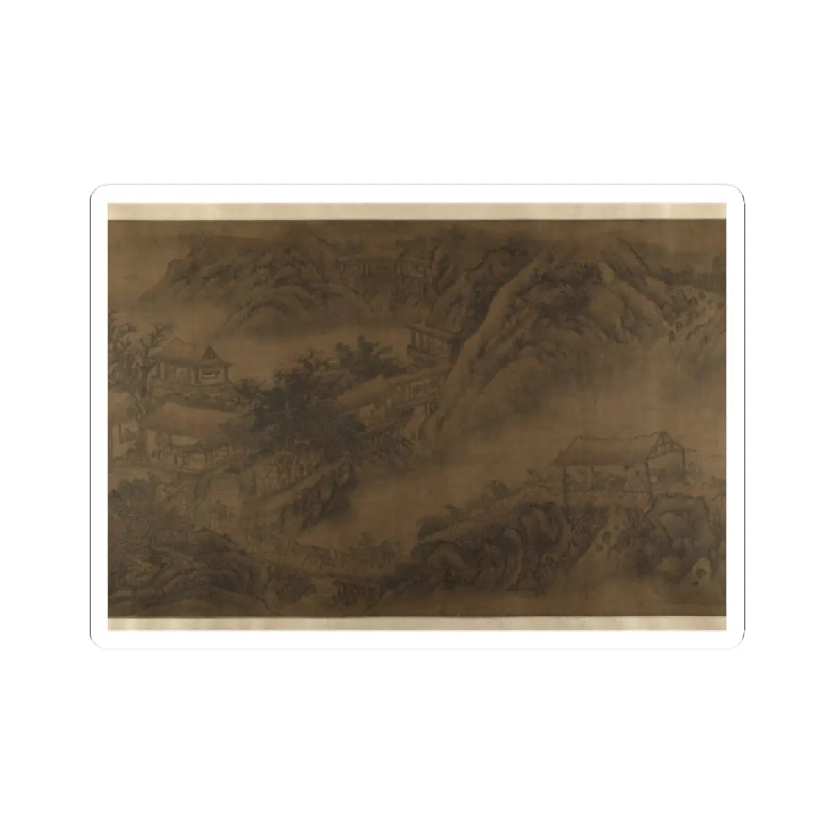 Monochrome brown ink landscape of mountains, terraced pavilions, a stone arch bridge and travelers with pack animals.