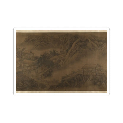 Monochrome brown ink landscape of mountains, terraced pavilions, a stone arch bridge and travelers with pack animals.