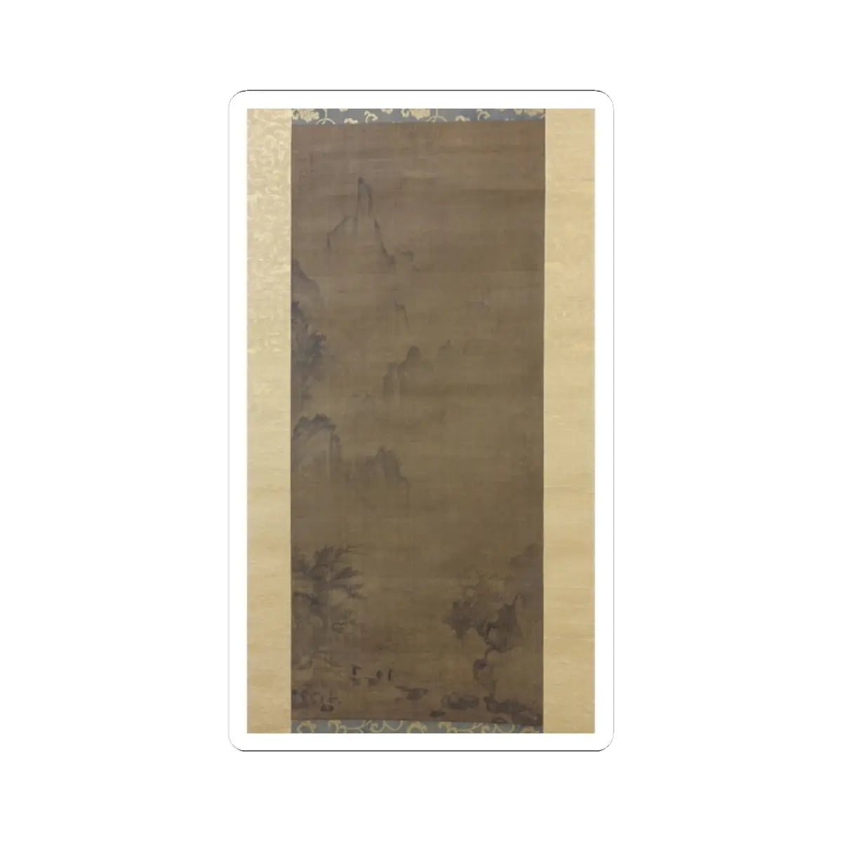 Muted ink hanging scroll of misty jagged mountain peaks, with tiny travellers on a path beneath pine trees.