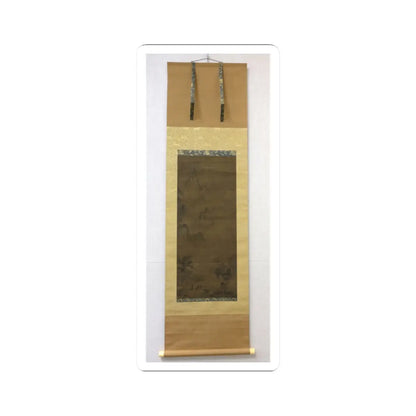 Mounted hanging scroll of a muted ink landscape with jagged peaks, tiny travellers on a path, and pine trees.