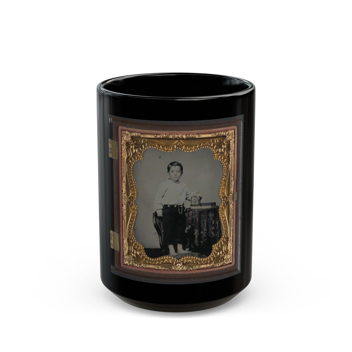 Unidentified Boy Holding Cased Photograph Of Soldier In Confederate Uniform Atop A Bible (U.S. Civil War) Black Coffee Mug-15oz-The Sticker Space