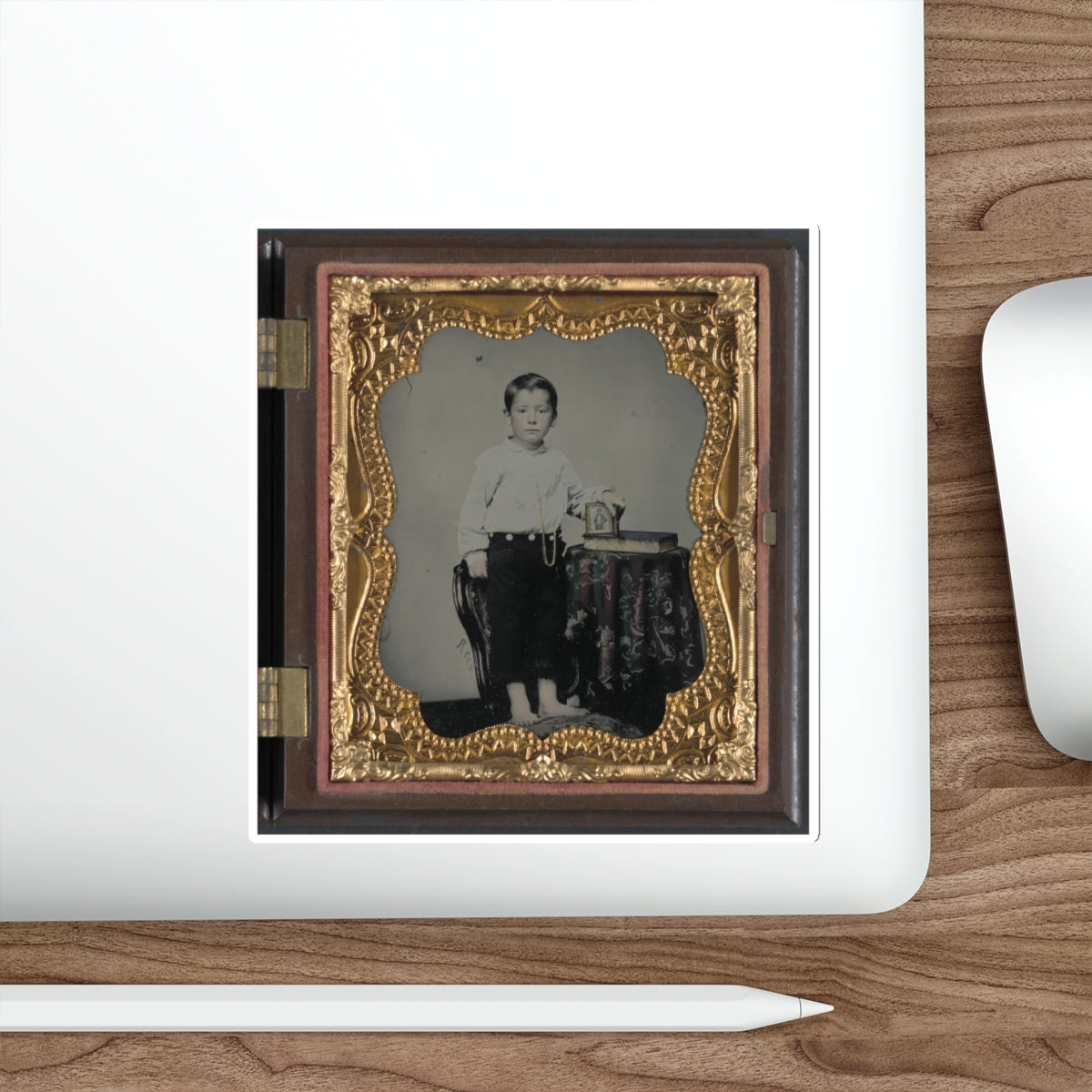 Unidentified Boy Holding Cased Photograph Of Soldier In Confederate Uniform Atop A Bible (U.S. Civil War) STICKER Vinyl Die-Cut Decal-The Sticker Space