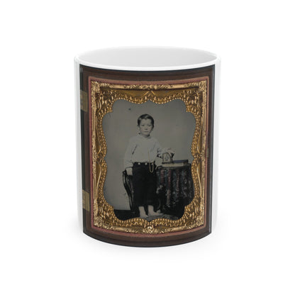 Unidentified Boy Holding Cased Photograph Of Soldier In Confederate Uniform Atop A Bible (U.S. Civil War) White Coffee Mug-11oz-The Sticker Space