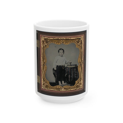 Unidentified Boy Holding Cased Photograph Of Soldier In Confederate Uniform Atop A Bible (U.S. Civil War) White Coffee Mug-15oz-The Sticker Space