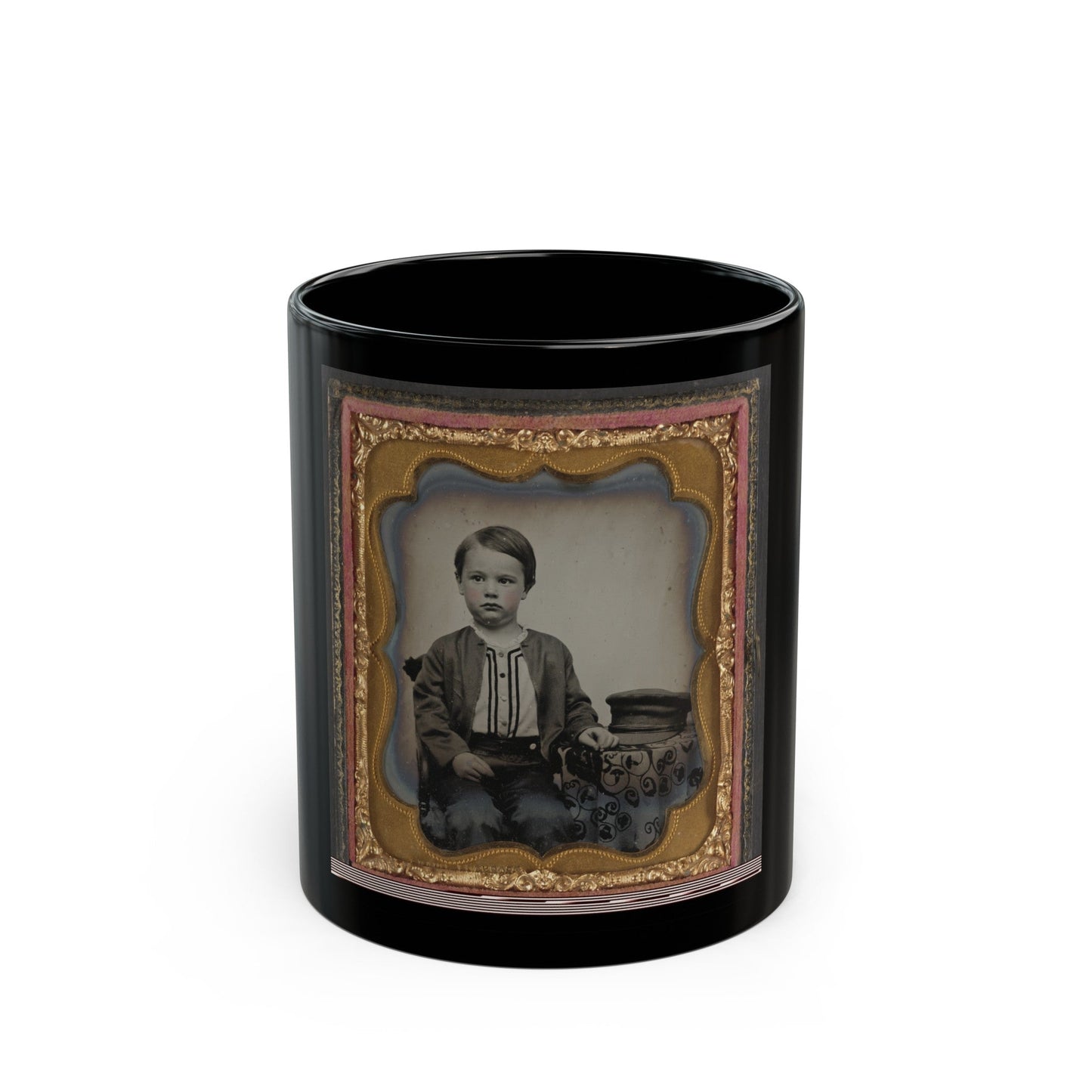 Unidentified Boy In Zouave-Style Shirt With Engineer's Cap (1) (U.S. Civil War) Black Coffee Mug-11oz-The Sticker Space