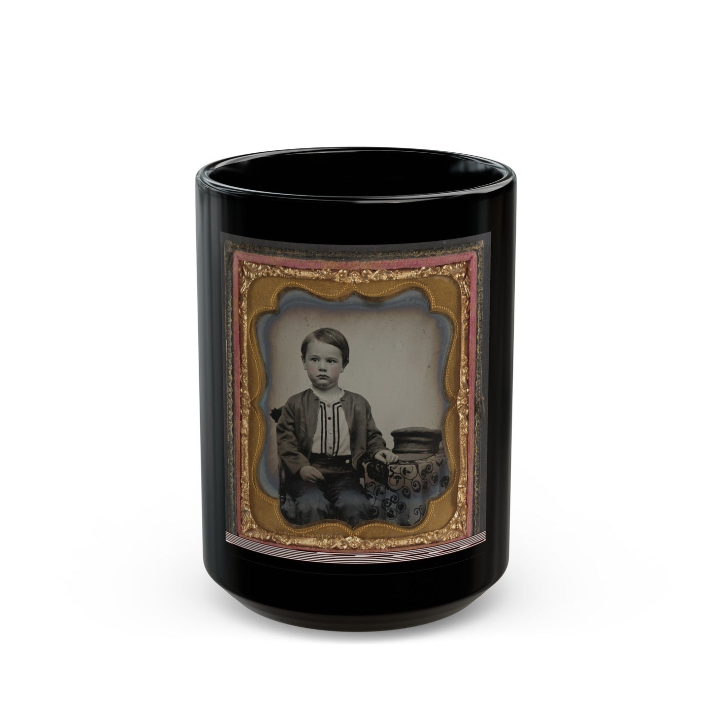 Unidentified Boy In Zouave-Style Shirt With Engineer's Cap (1) (U.S. Civil War) Black Coffee Mug-15oz-The Sticker Space