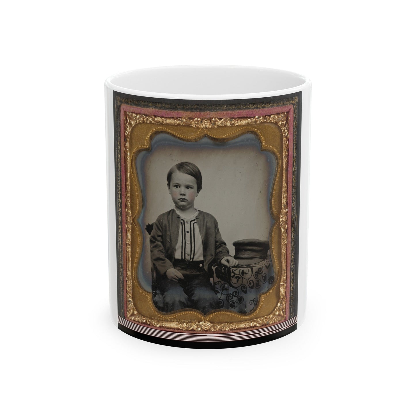 Unidentified Boy In Zouave-Style Shirt With Engineer's Cap (1) (U.S. Civil War) White Coffee Mug-11oz-The Sticker Space