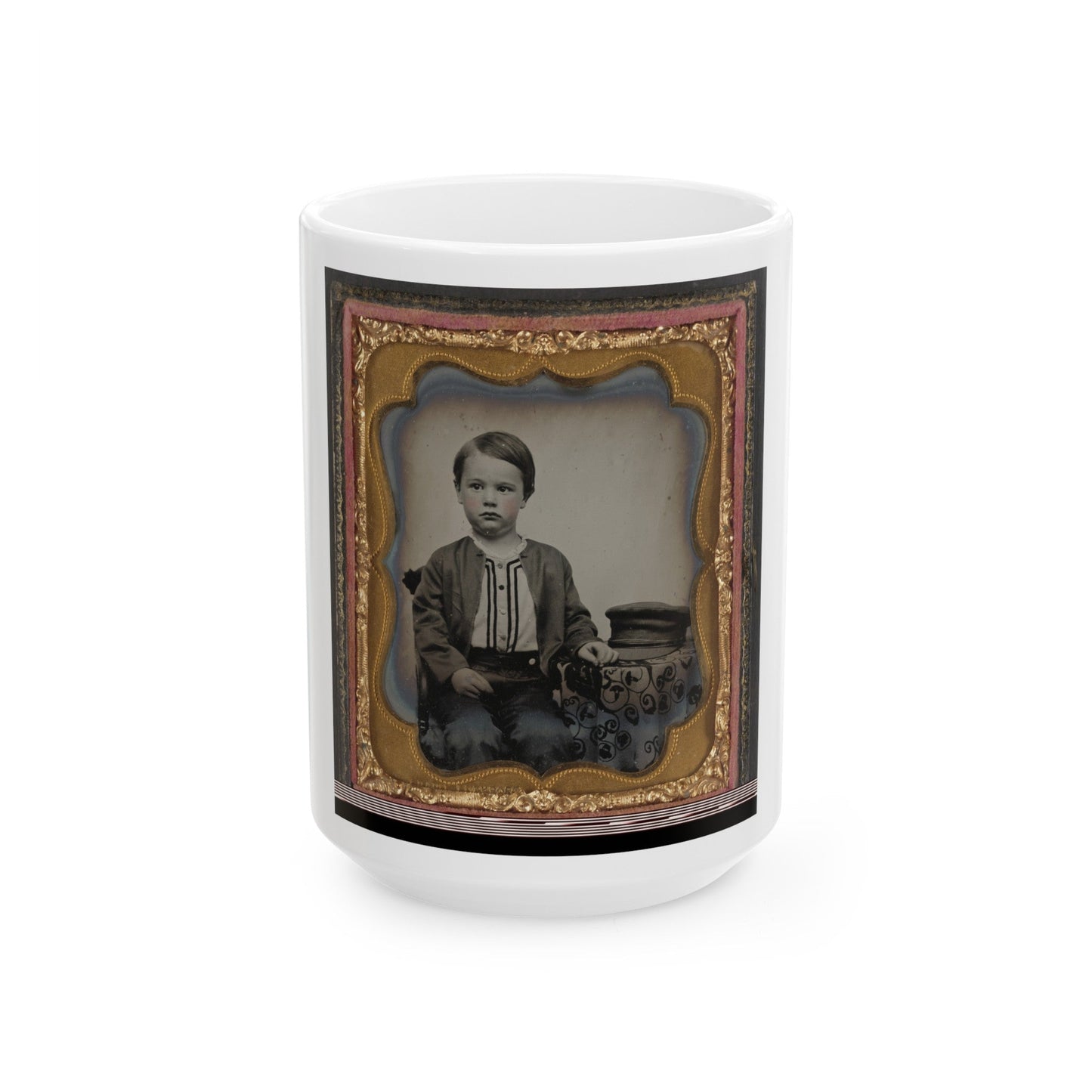 Unidentified Boy In Zouave-Style Shirt With Engineer's Cap (1) (U.S. Civil War) White Coffee Mug-15oz-The Sticker Space