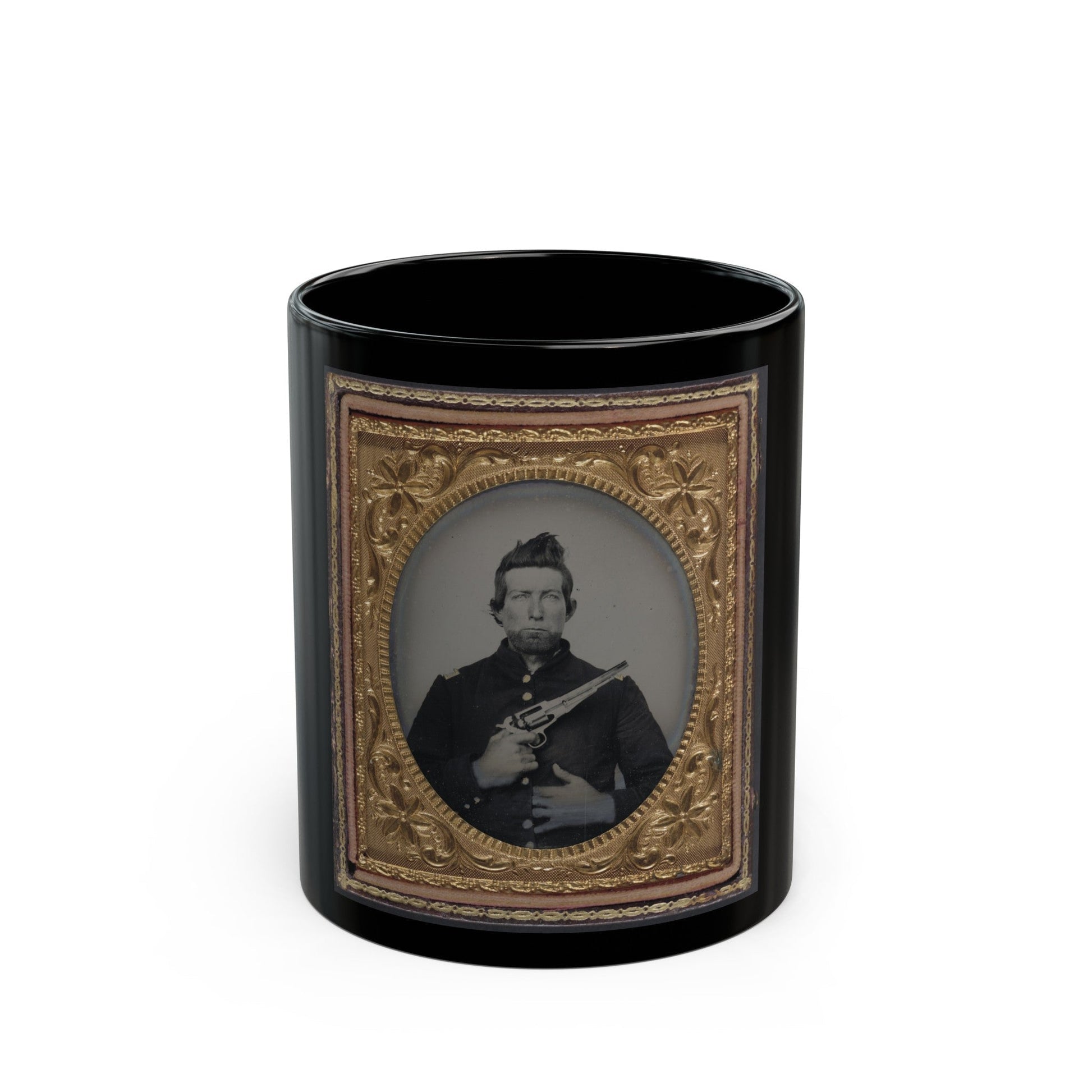 Unidentified Cavalry Soldier In Union Frock Coat With Remington New Model Army Revolver (U.S. Civil War) Black Coffee Mug-11oz-The Sticker Space