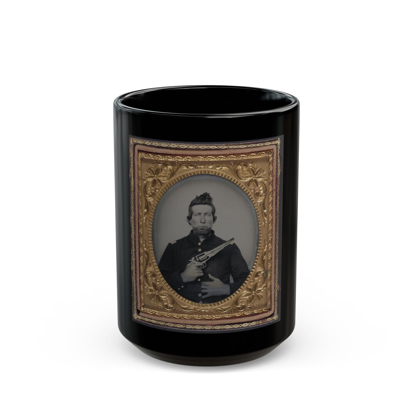 Unidentified Cavalry Soldier In Union Frock Coat With Remington New Model Army Revolver (U.S. Civil War) Black Coffee Mug-15oz-The Sticker Space