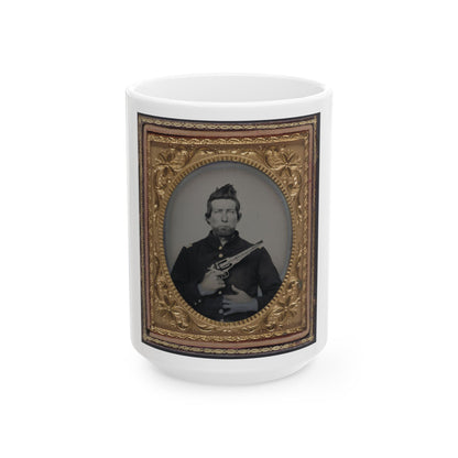 Unidentified Cavalry Soldier In Union Frock Coat With Remington New Model Army Revolver (U.S. Civil War) White Coffee Mug-15oz-The Sticker Space