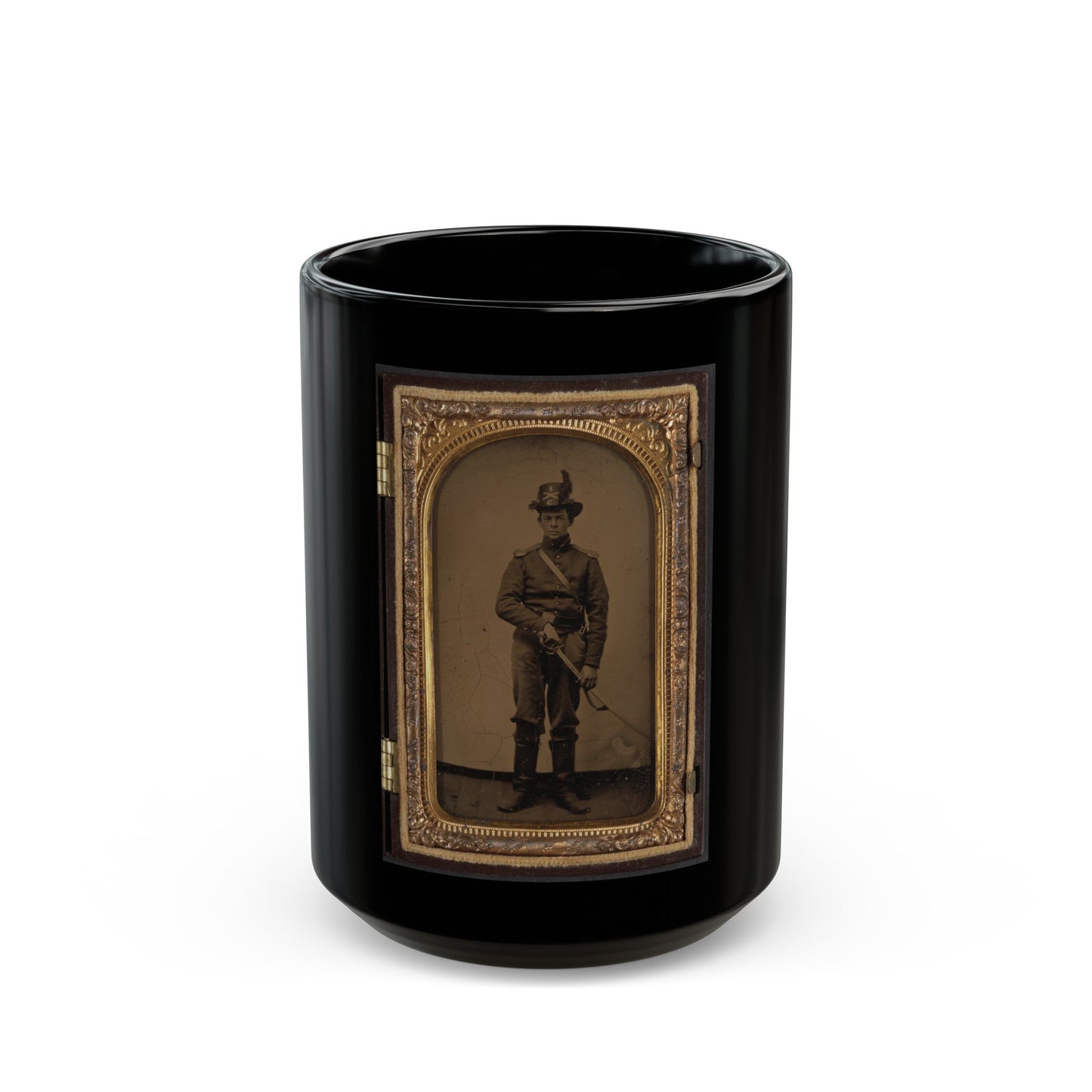 Unidentified Cavalry Soldier In Union Uniform And Co. C, 1st Regiment Hardee Hat With Sword (U.S. Civil War) Black Coffee Mug-15oz-The Sticker Space