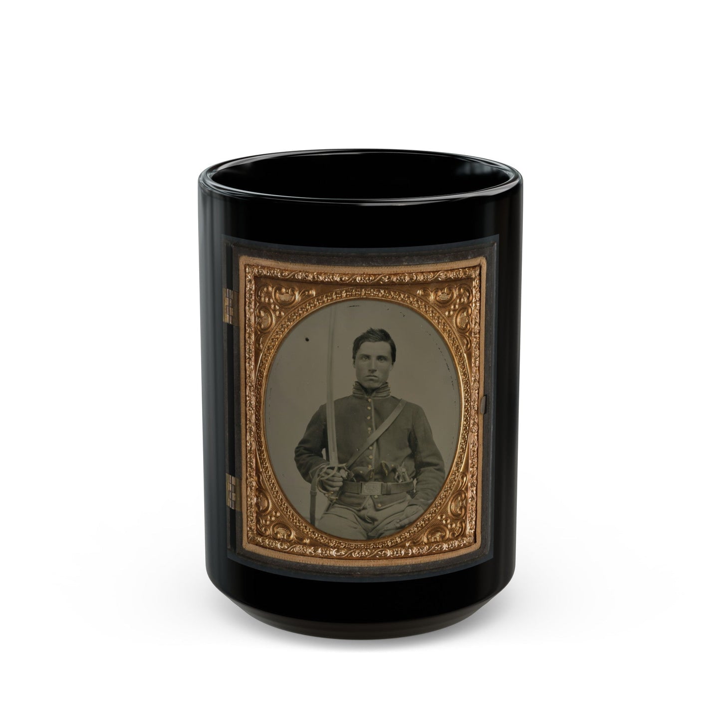 Unidentified Cavalry Soldier In Union Uniform With Two Revolvers And A Saber (U.S. Civil War) Black Coffee Mug-15oz-The Sticker Space