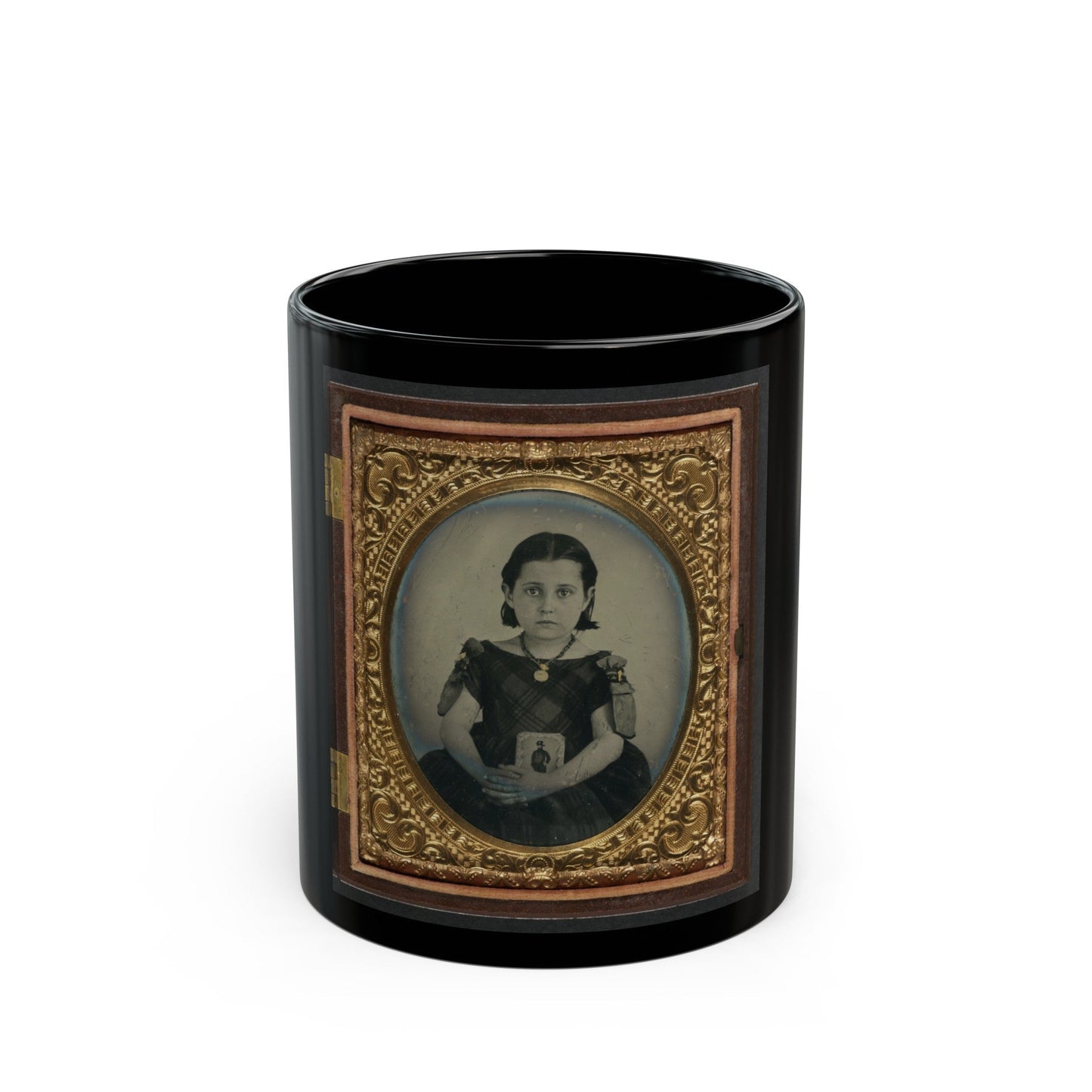 Unidentified Girl In Mourning Dress Holding Framed Photograph Of Her Father As A Cavalryman With Sword And Hardee Hat (U.S. Civil War) Black Coffee Mug-11oz-The Sticker Space