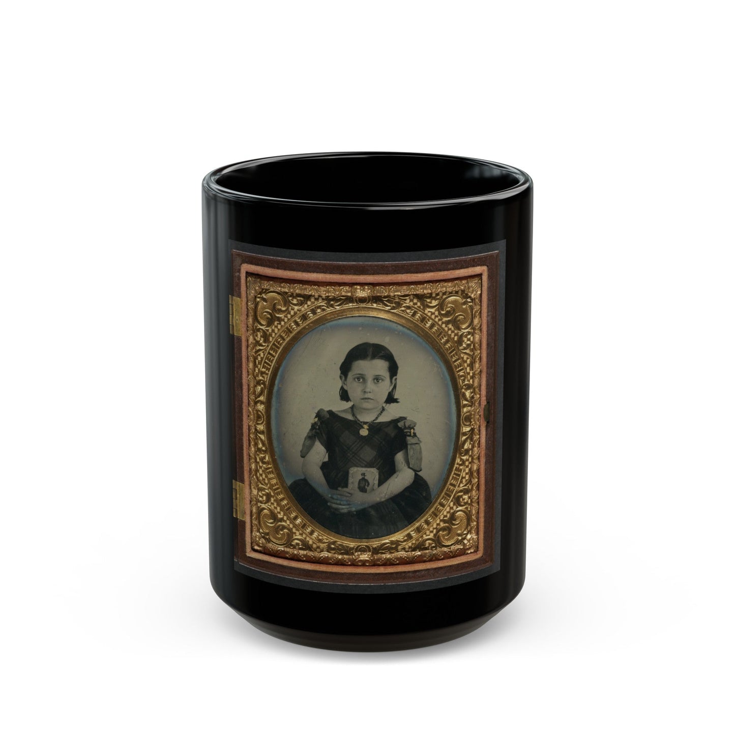 Unidentified Girl In Mourning Dress Holding Framed Photograph Of Her Father As A Cavalryman With Sword And Hardee Hat (U.S. Civil War) Black Coffee Mug-15oz-The Sticker Space