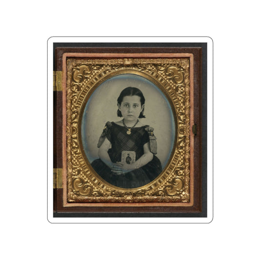 Unidentified Girl In Mourning Dress Holding Framed Photograph Of Her Father As A Cavalryman With Sword And Hardee Hat (U.S. Civil War) STICKER Vinyl Die-Cut Decal-White-The Sticker Space