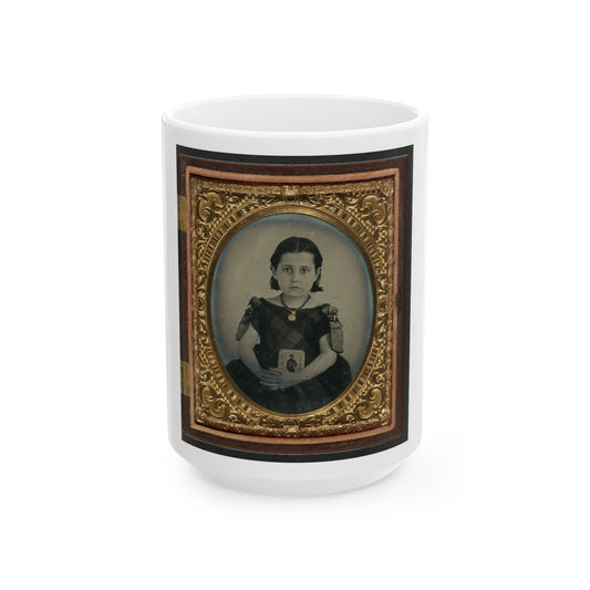 Unidentified Girl In Mourning Dress Holding Framed Photograph Of Her Father As A Cavalryman With Sword And Hardee Hat (U.S. Civil War) White Coffee Mug-15oz-The Sticker Space