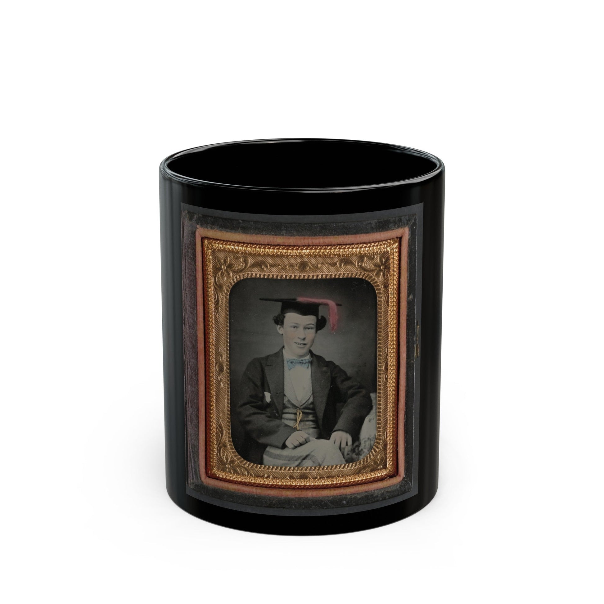 Unidentified Graduating Cadet In Military Trousers And Mortarboard (U.S. Civil War) Black Coffee Mug-11oz-The Sticker Space