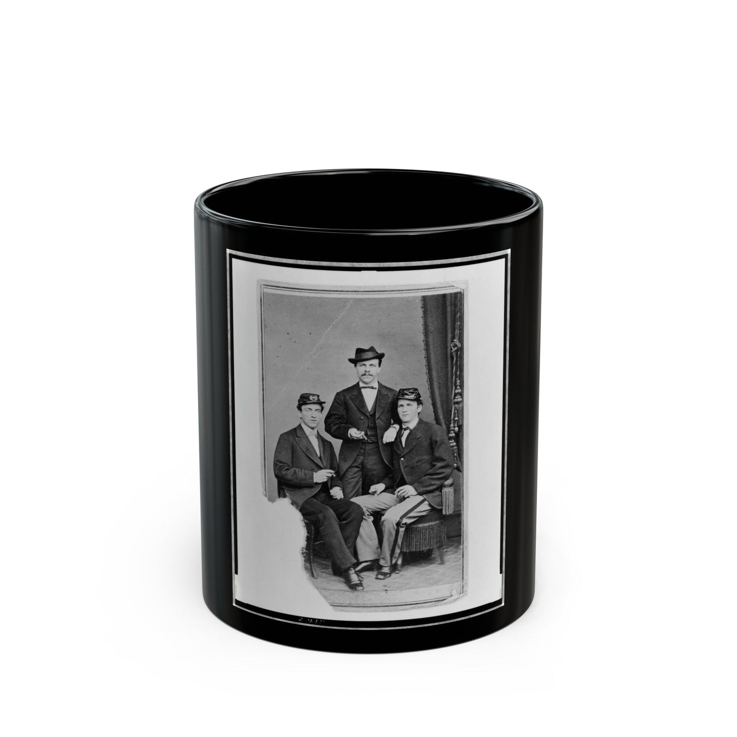 Unidentified Group Of Three Men, Full-Length Portrait, Two Seated, One Standing In The Background, Facing Front (U.S. Civil War) Black Coffee Mug-11oz-The Sticker Space